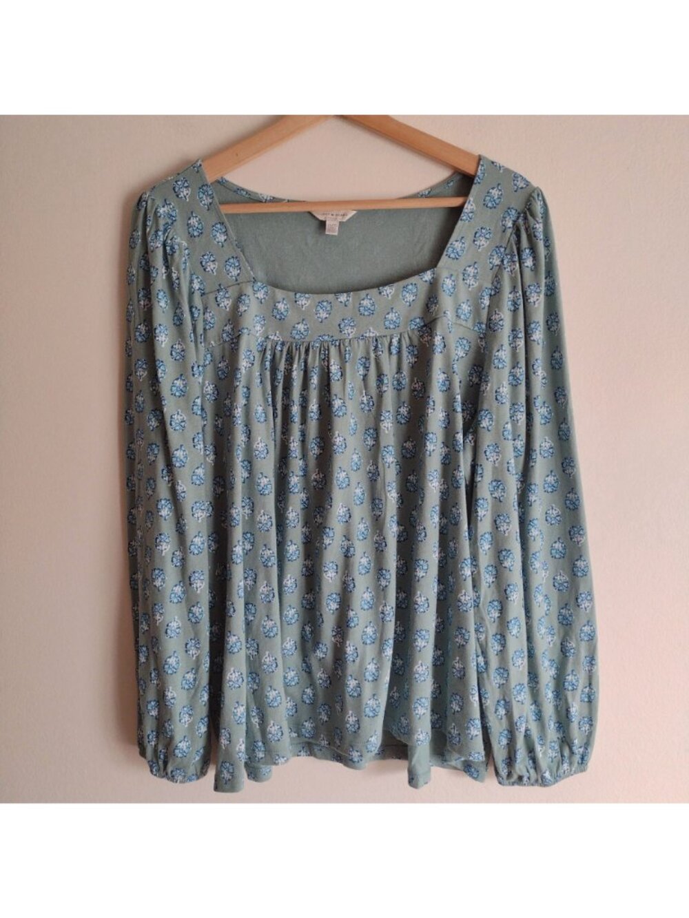 Lucky Brand Soft Green Knit Top XL Cotton Blend Long Sleeve Peasant Blouse - Picture 9 of 9